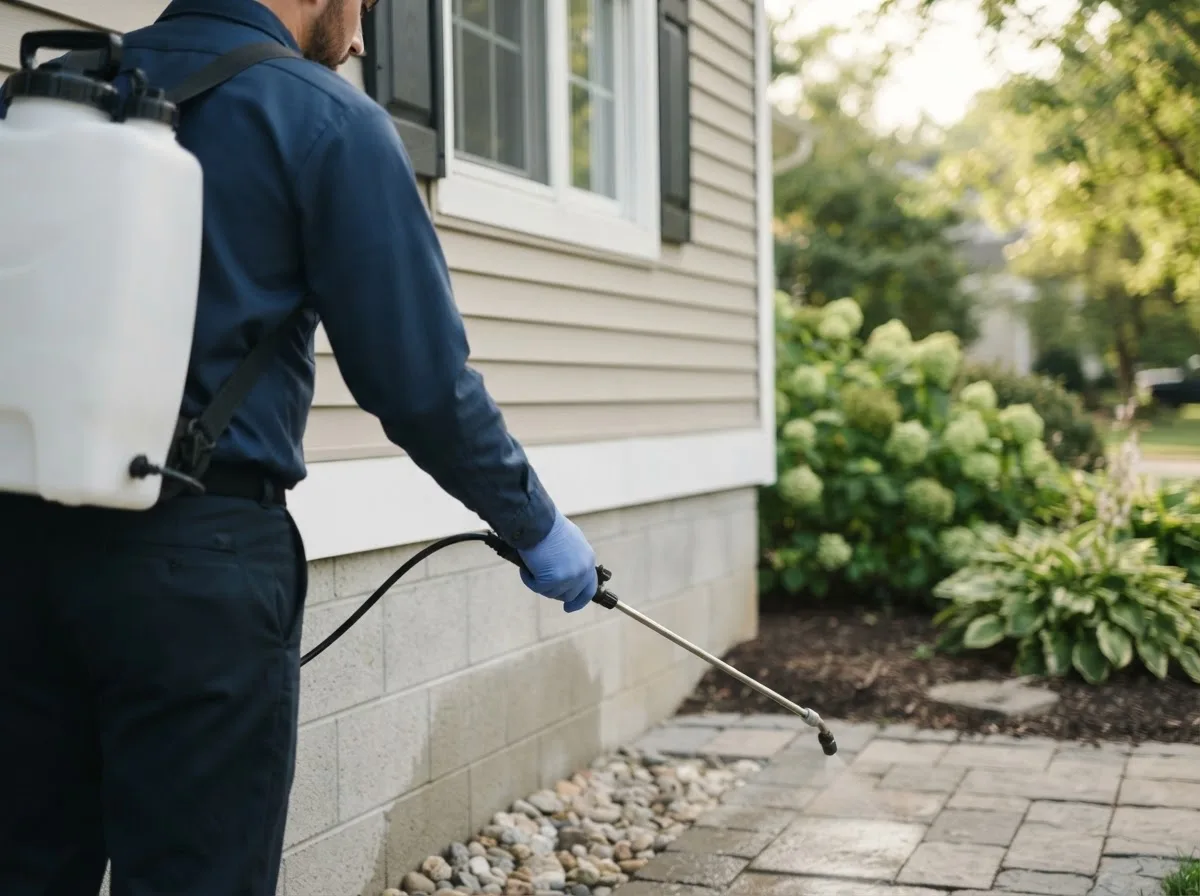 Pest control technician inspecting a home in Longdale, OK